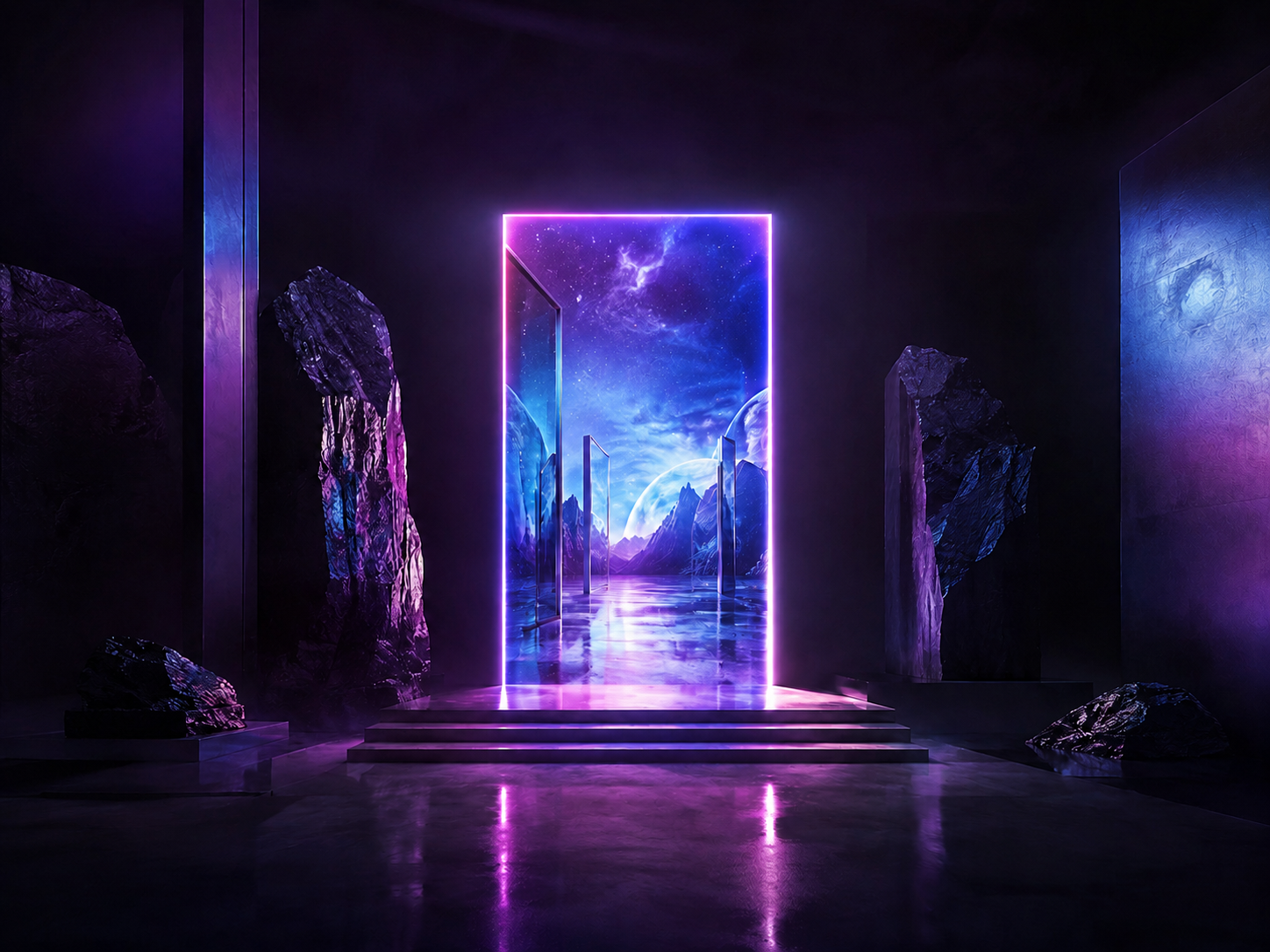 Ambiente 3D com um portal luminoso